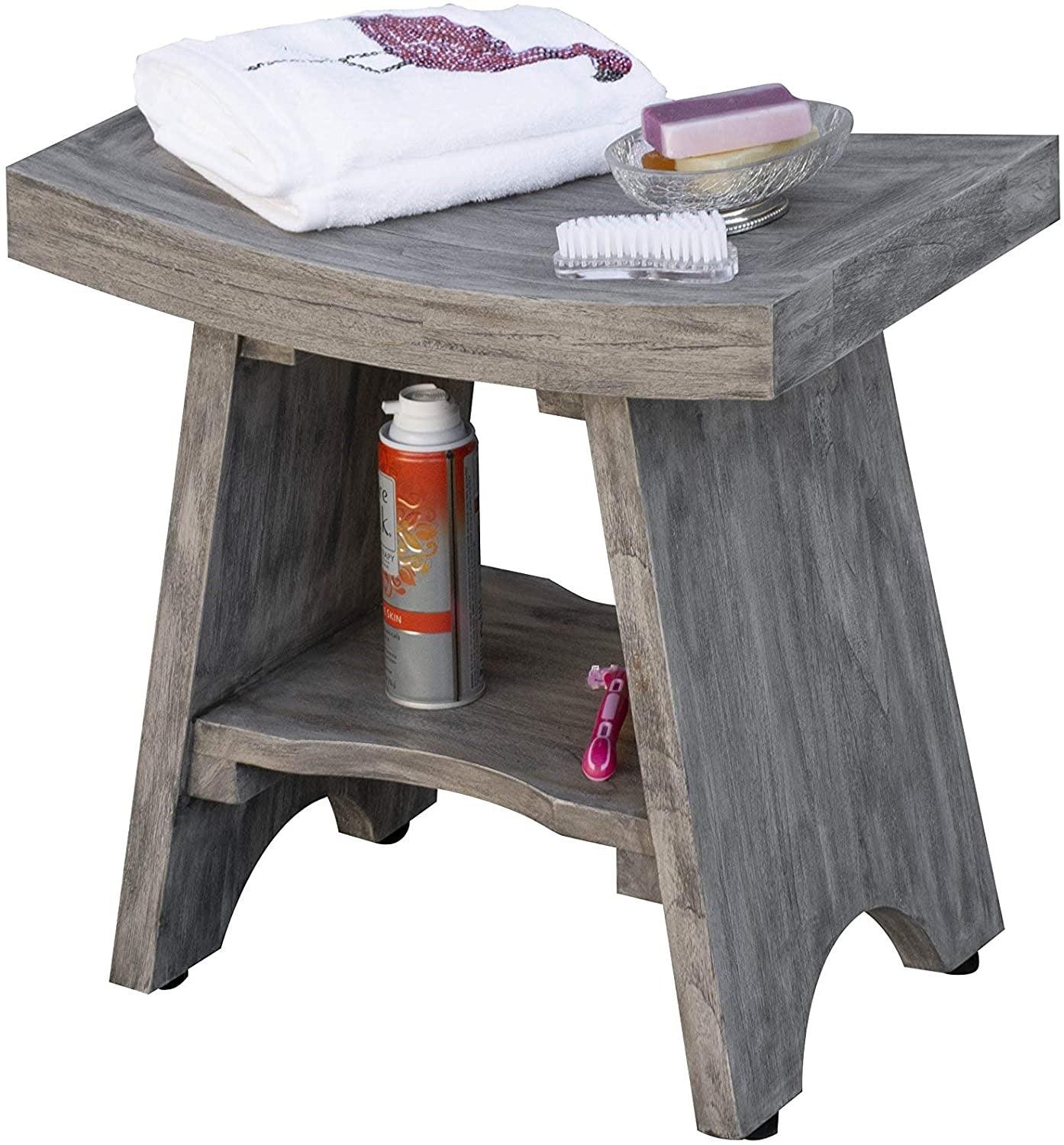 Contemporary Teak Shower or Bench with Shelf in Gray Finish - AFS