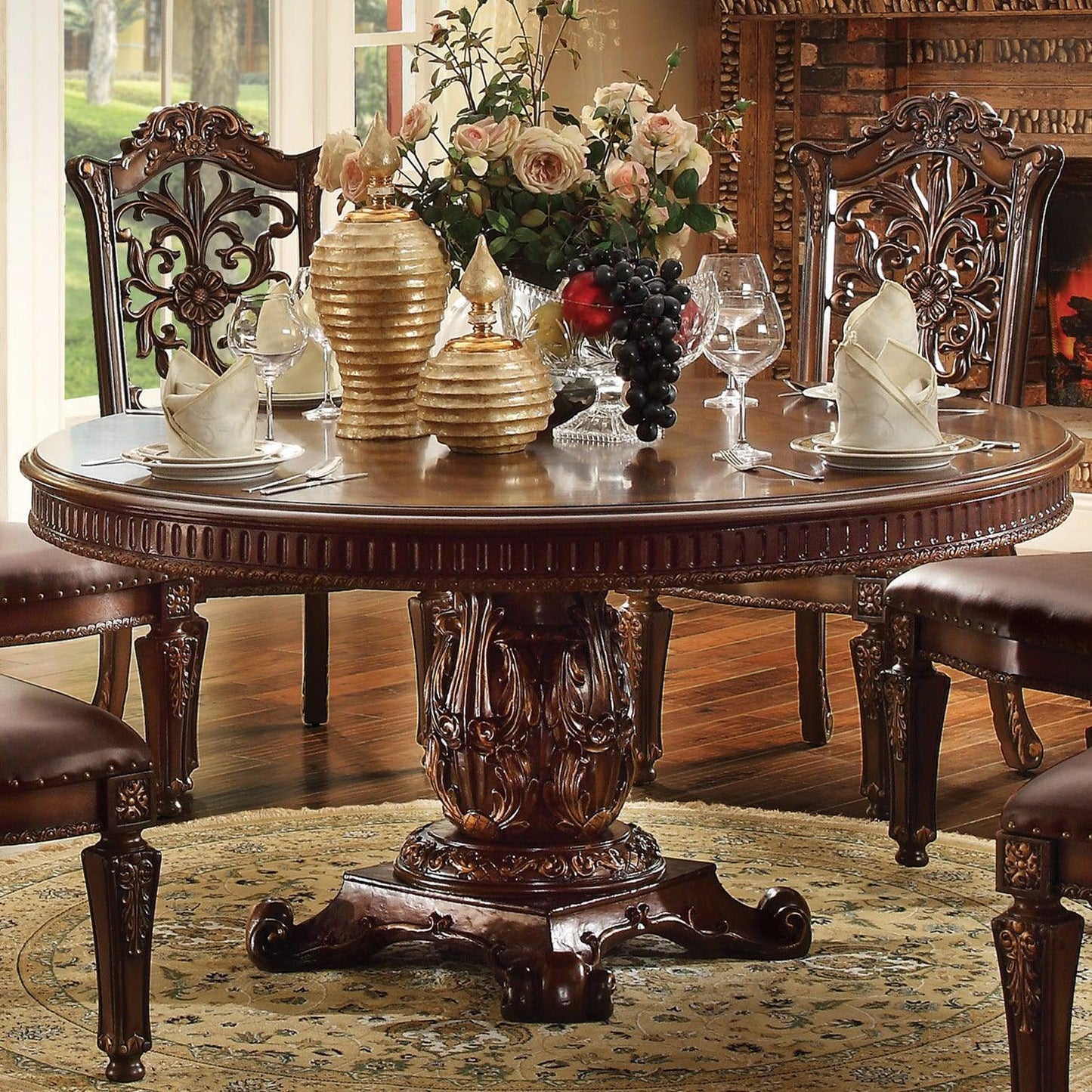 Round Wooden top Dining table with Single Carved Pedestal - AFS