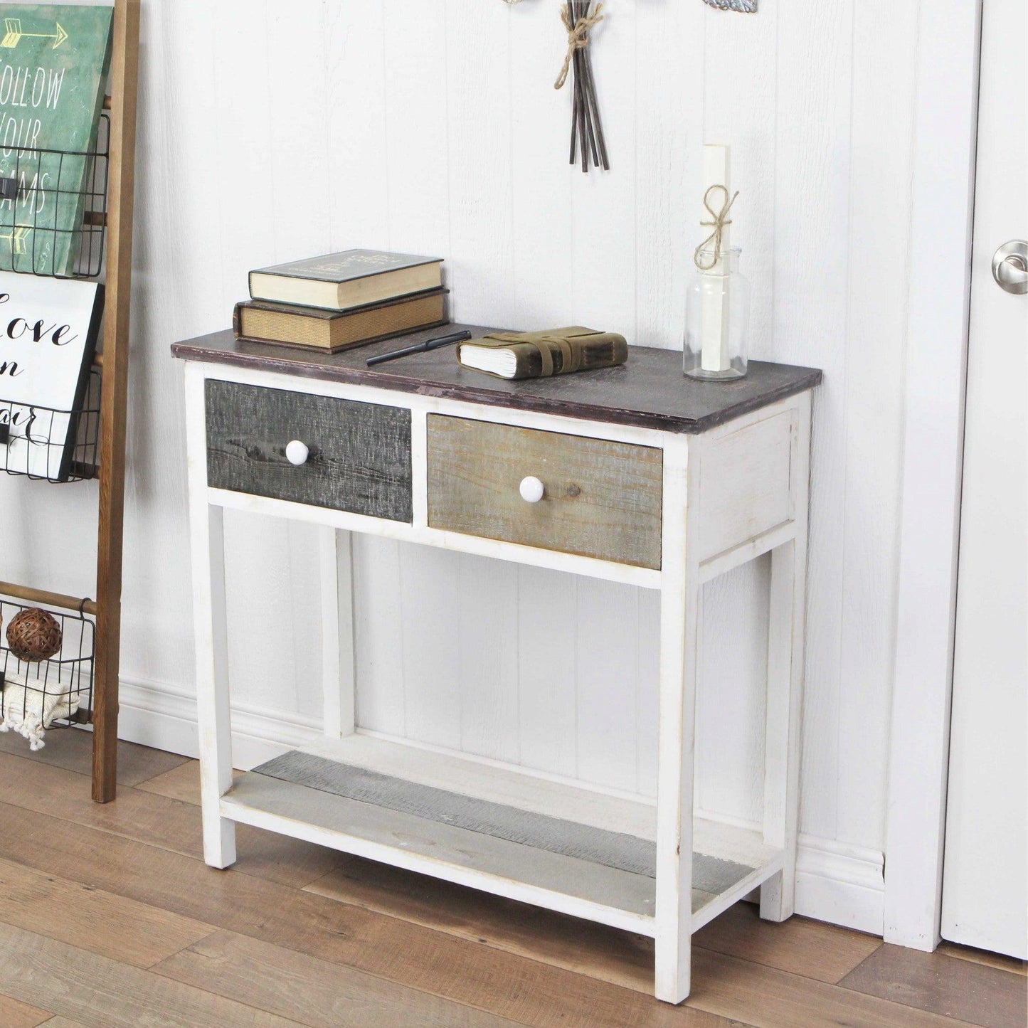 Distressed Gray and White Table with 2 Drawers and Bottom Shelf - AFS