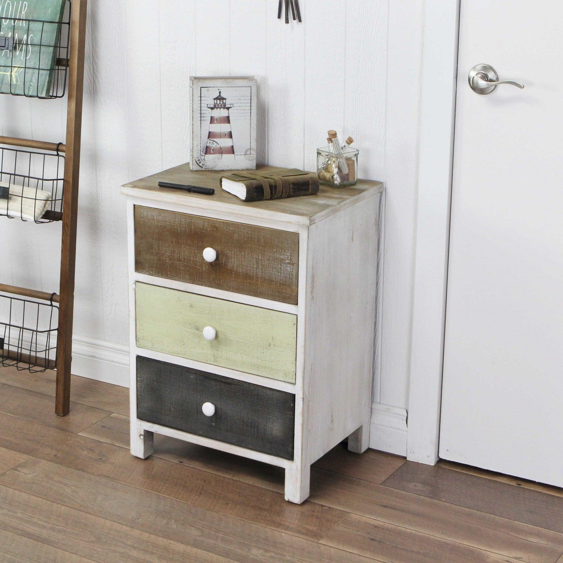 Distressed Gray and White Side Cabinet with 3 Drawers - AFS