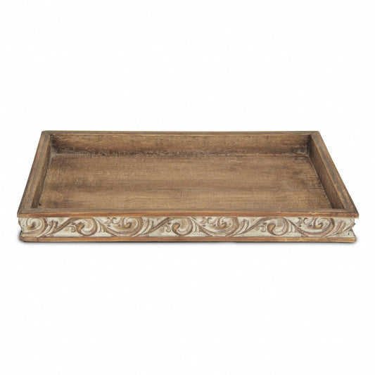 Distressed Finish Wood Tray with Side Carvings - AFS