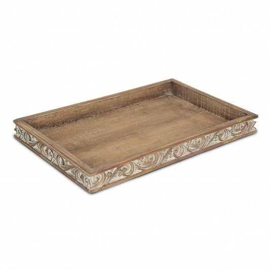 Distressed Finish Wood Tray with Side Carvings - AFS