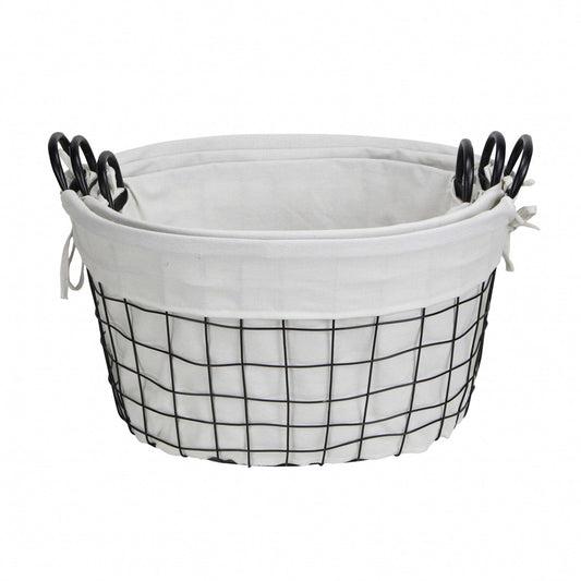 Set of 3 Oval White Lined and Metal Wire Baskets with Handles - AFS