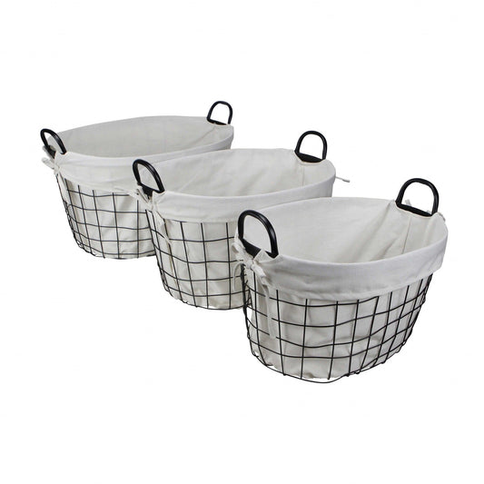 Set of 3 Oval White Lined and Metal Wire Baskets with Handles - AFS