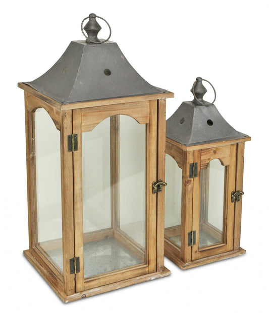 Set of 2 Brown Wood finished Frame Glass and Metal Top Lanterns - AFS