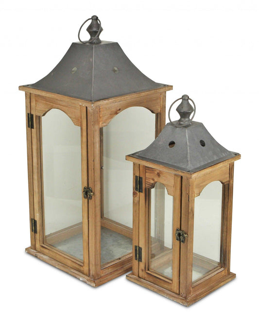 Set of 2 Brown Wood finished Frame Glass and Metal Top Lanterns - AFS