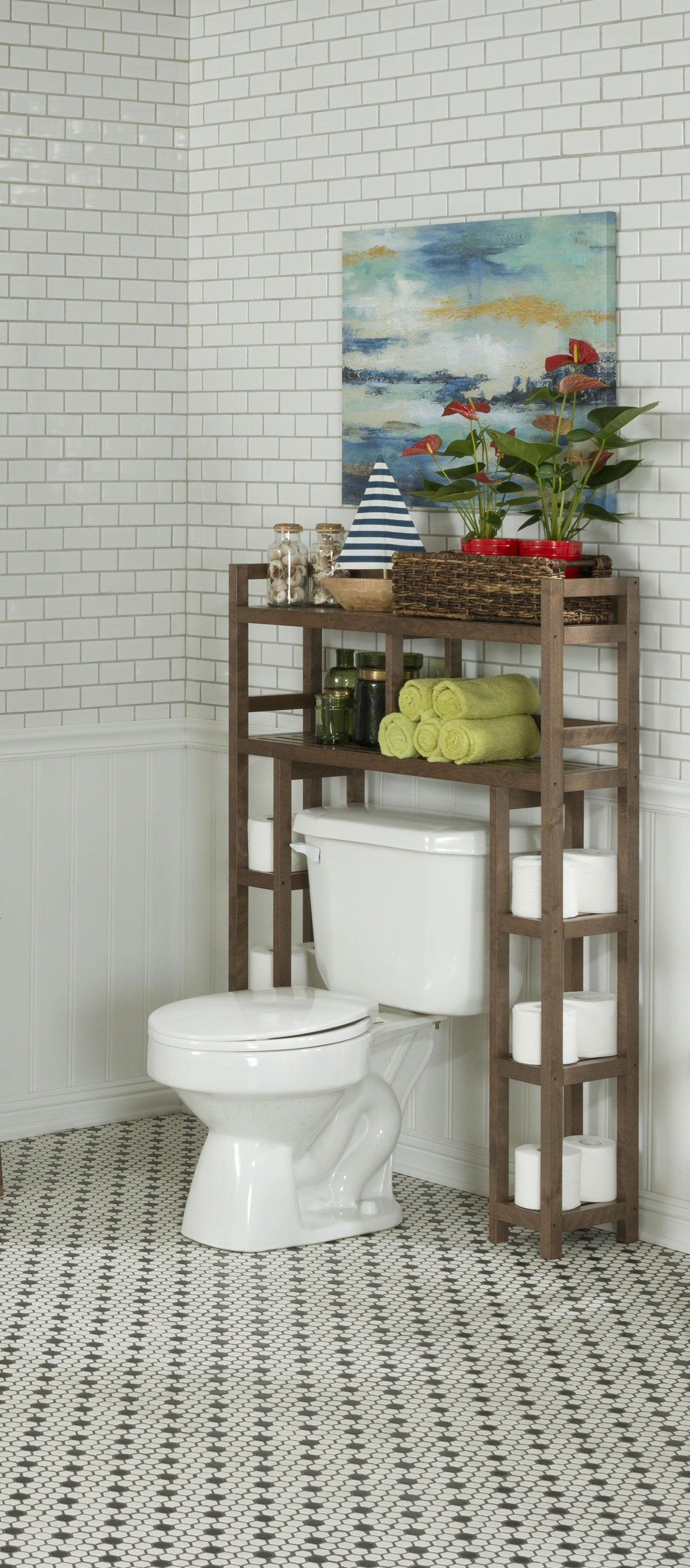 Chestnut Finish 2 Tier Solid Wood Over Toilet Organizer - AFS