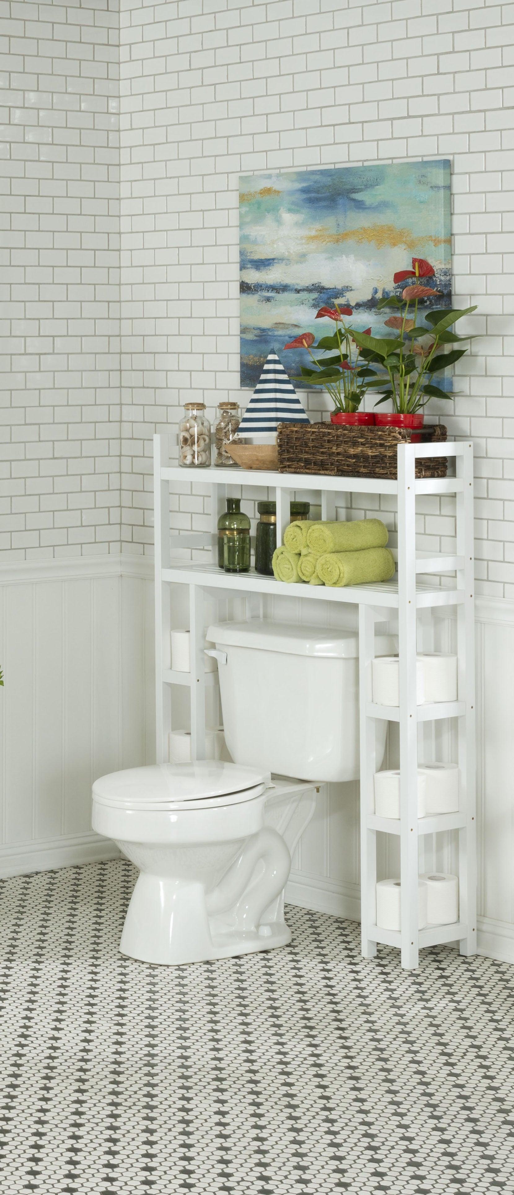 White Finish 2 Tier Solid Wood Over Toilet Organizer - AFS