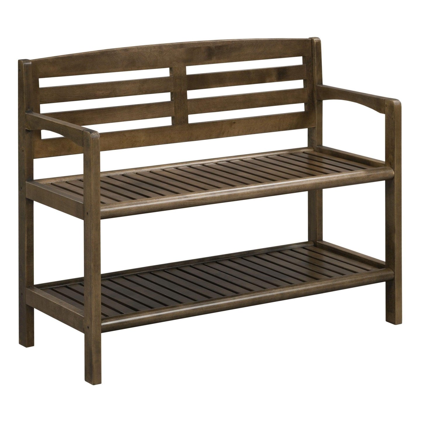 Chestnut Finish Solid Wood Slat Bench with High Back and Shelf - AFS