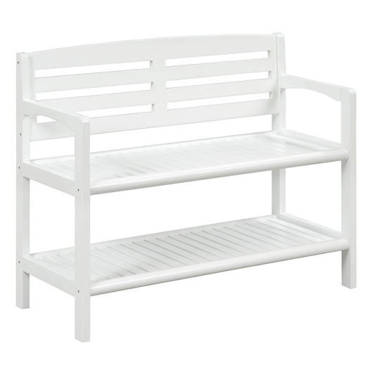 White Finish Solid Wood Slat Bench with High Back and Shelf - AFS