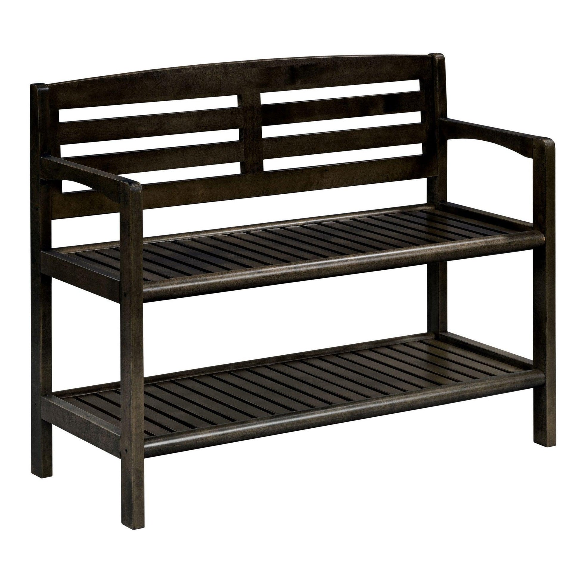 Espresso Finish Solid Wood Slat Bench with High Back and Shelf - AFS