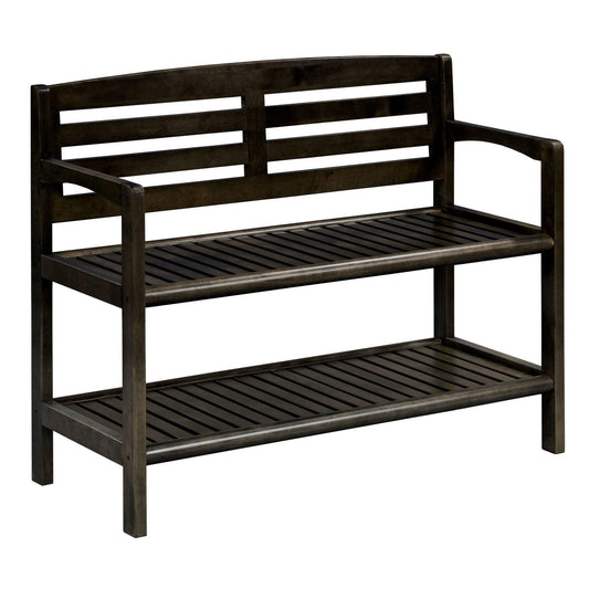 Espresso Finish Solid Wood Slat Bench with High Back and Shelf - AFS