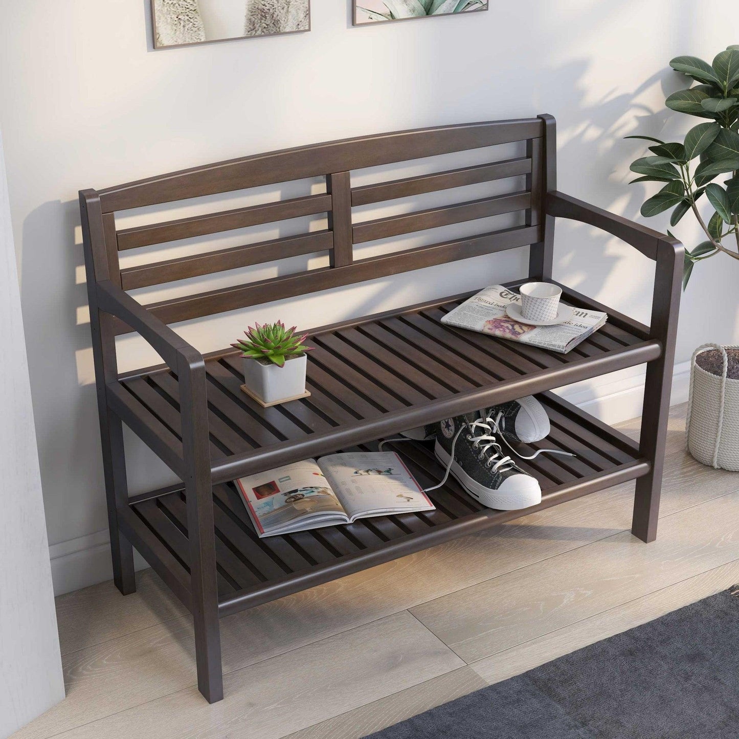 Espresso Finish Solid Wood Slat Bench with High Back and Shelf - AFS