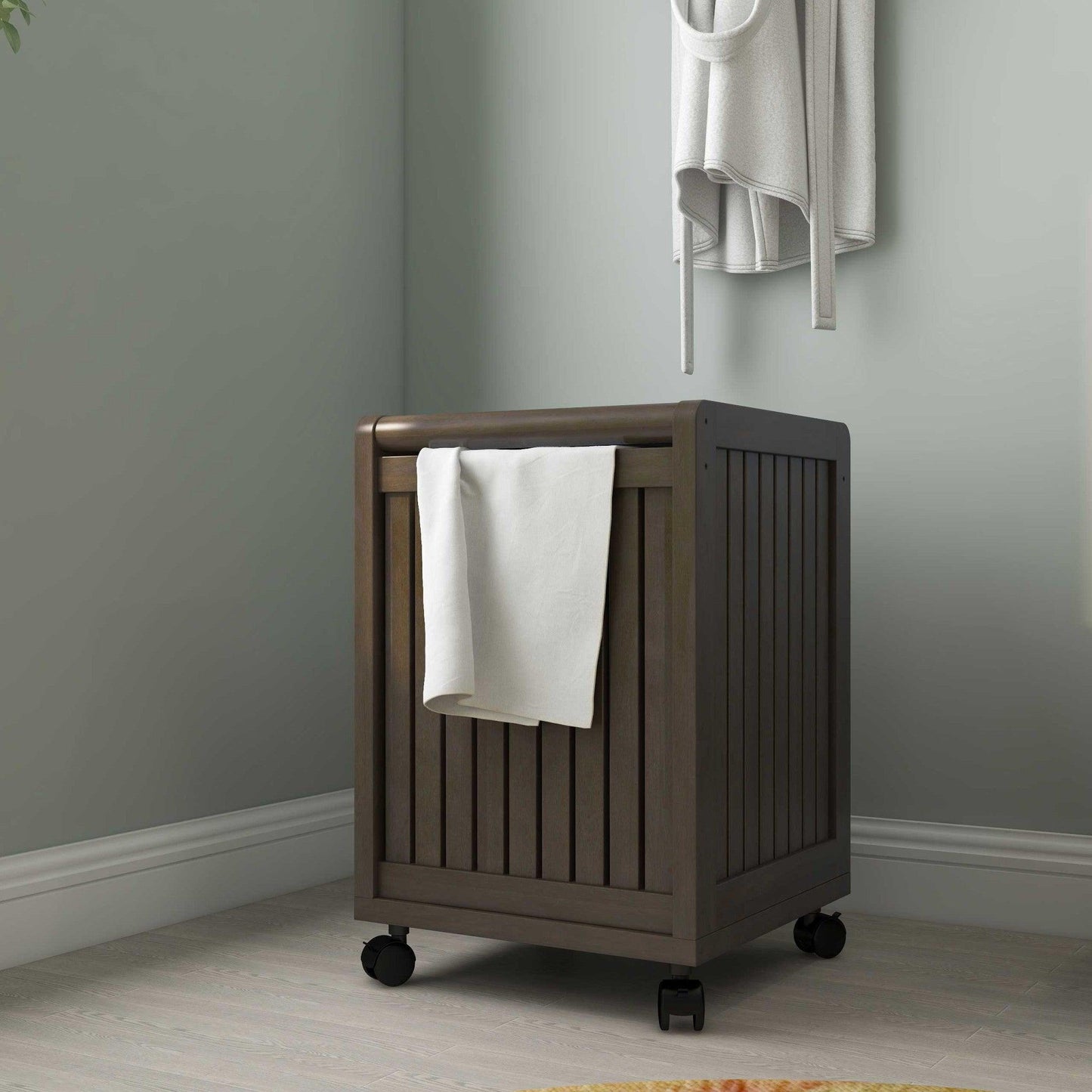 Espresso Solid Wood Rolling Laundry Hamper with Lid - AFS