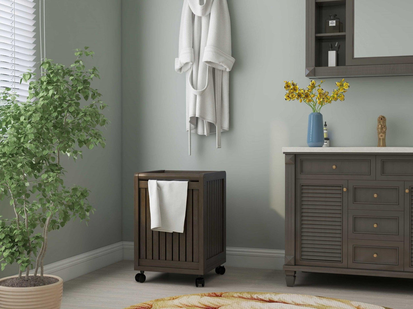 Espresso Solid Wood Rolling Laundry Hamper with Lid - AFS