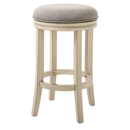 Bar Height Round Swivel Solid Wood Stool in Distressed Ivory Finished with Quartz Fabric - AFS