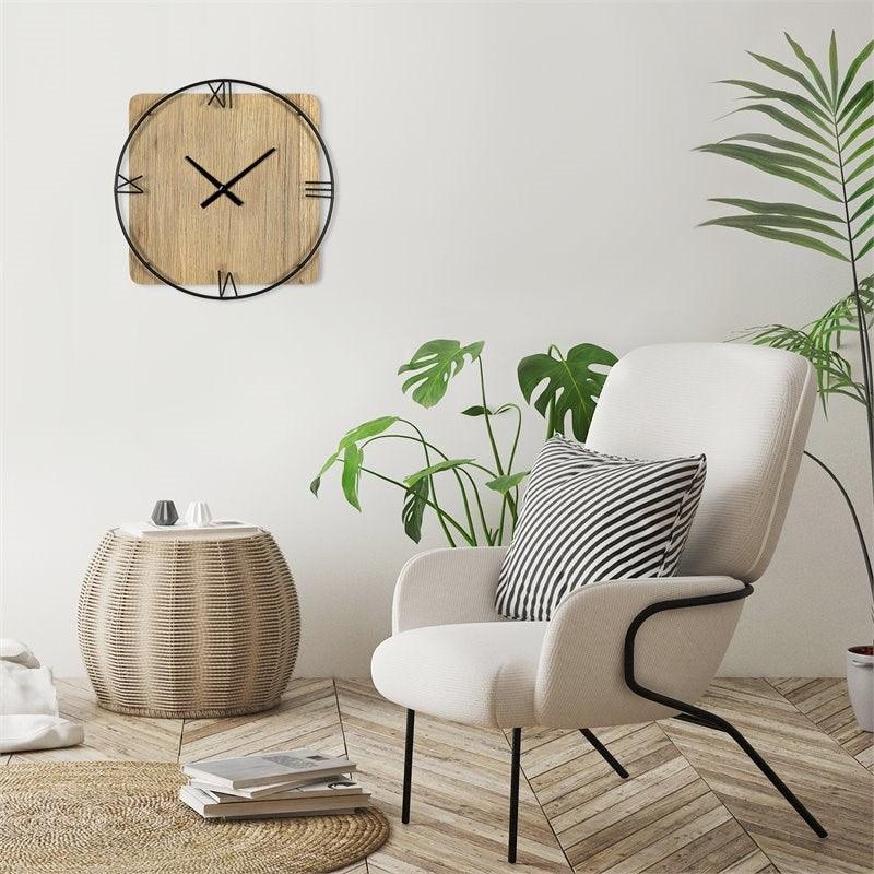 Minimalist Rustic Circle Square Wood and Metal Wall Clock - AFS