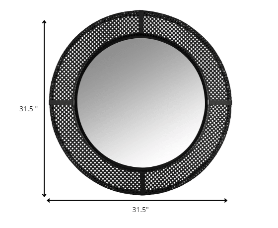 Black Metal Cane Webbing Round Wall Mirror - AFS