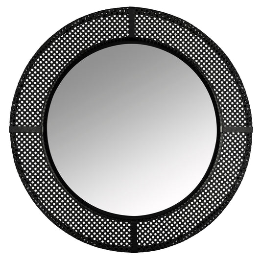 Black Metal Cane Webbing Round Wall Mirror - AFS