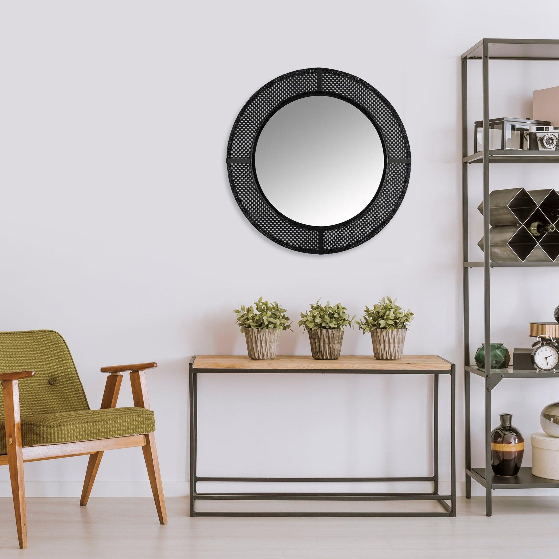 Black Metal Cane Webbing Round Wall Mirror - AFS