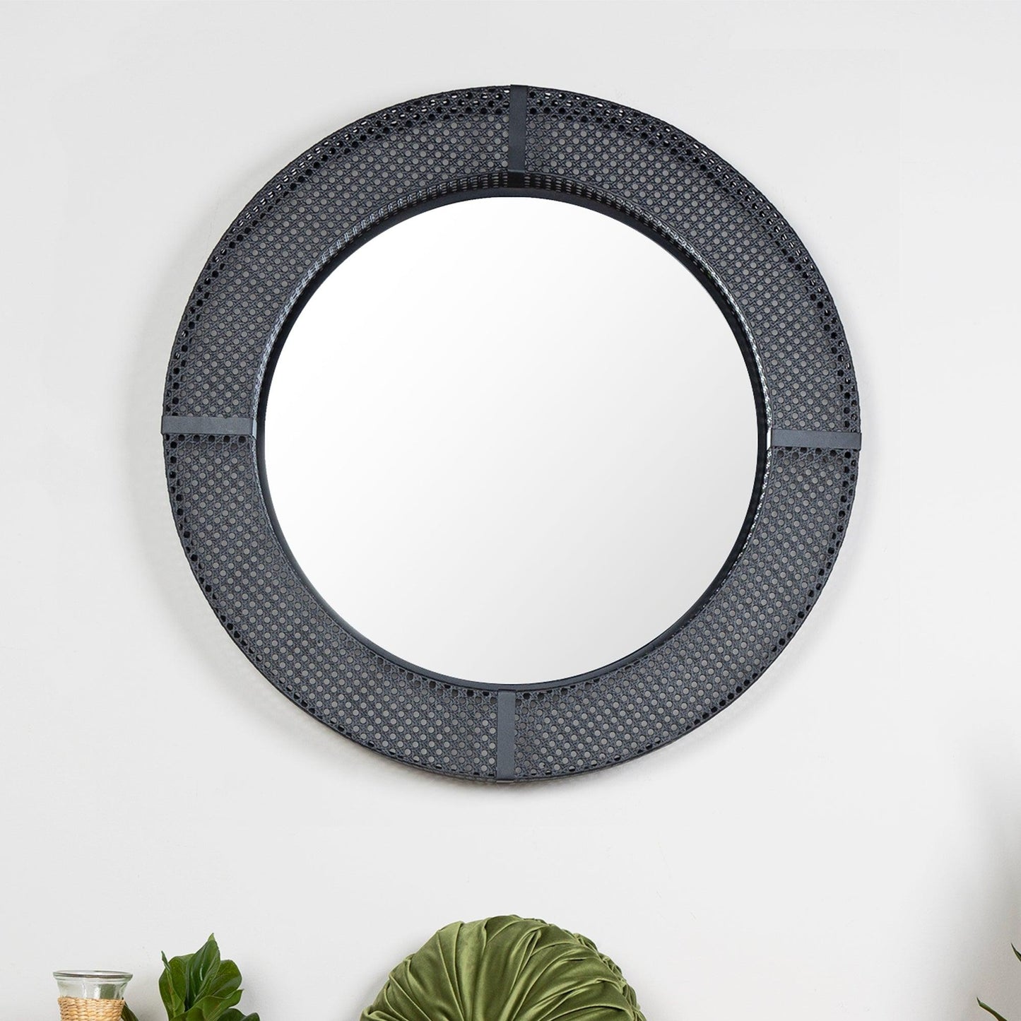 Black Metal Cane Webbing Round Wall Mirror - AFS