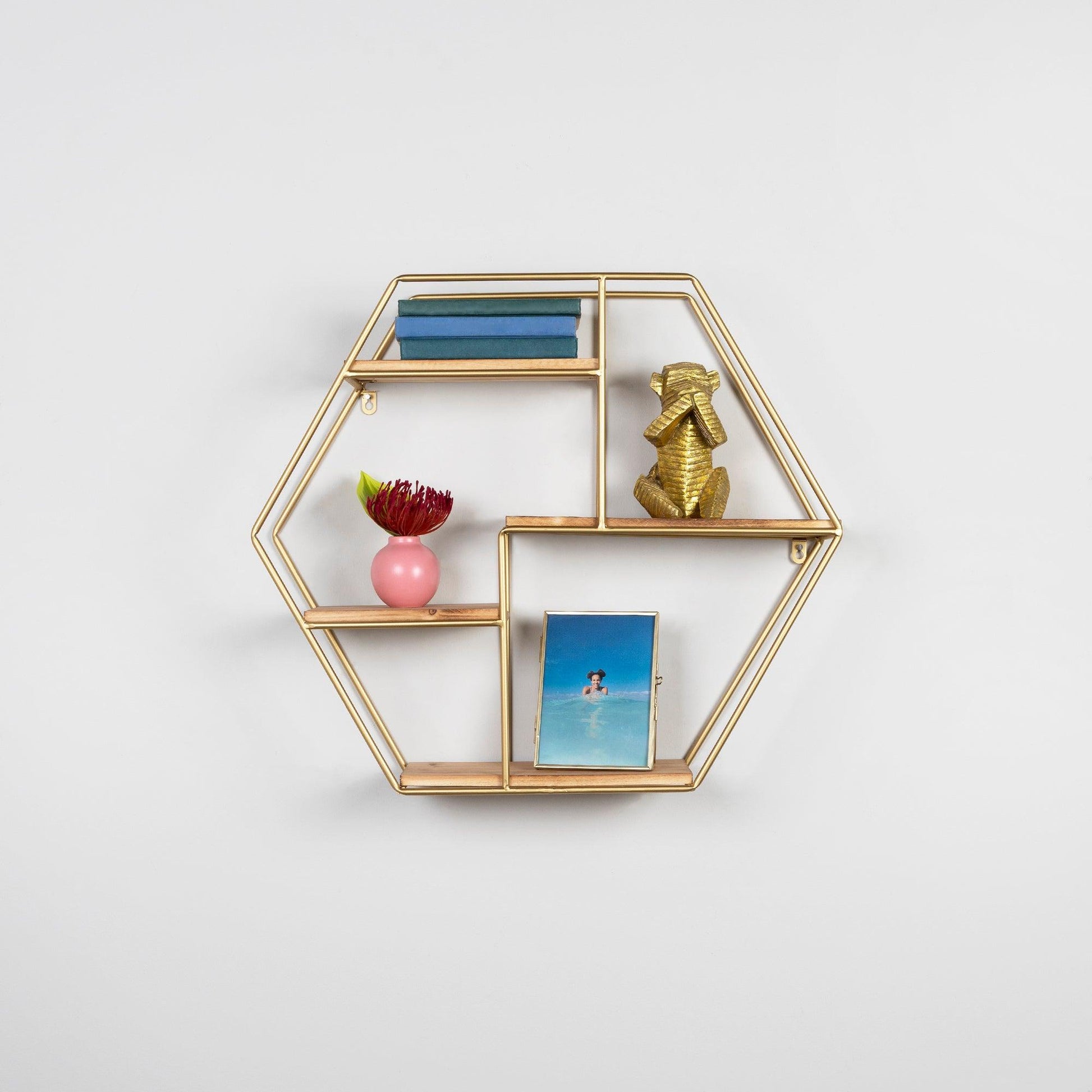 Golden Hexagonal Four Story Wall Shelf - AFS