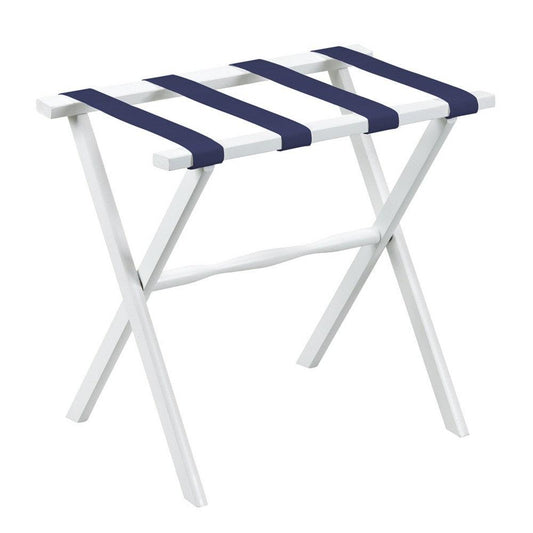 Hotel White Finish Wood Folding Luggage Rack with Navy Straps - AFS