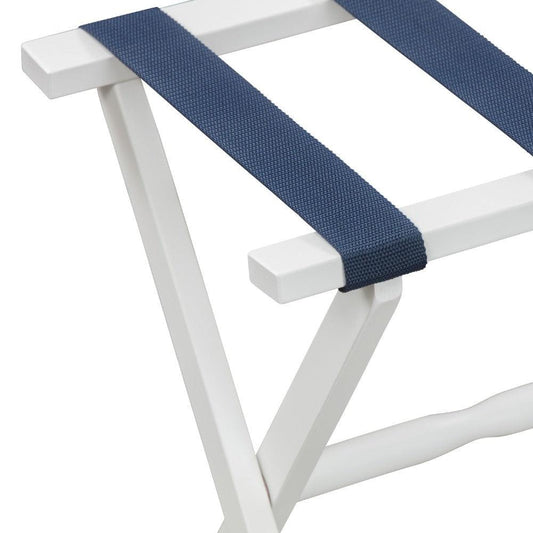 Hotel White Finish Wood Folding Luggage Rack with Navy Straps - AFS