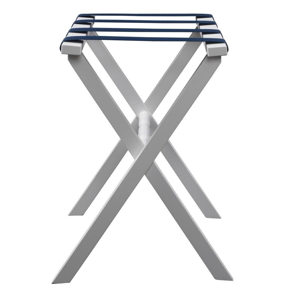 Hotel White Finish Wood Folding Luggage Rack with Navy Straps - AFS