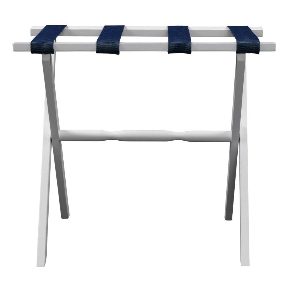 Hotel White Finish Wood Folding Luggage Rack with Navy Straps - AFS