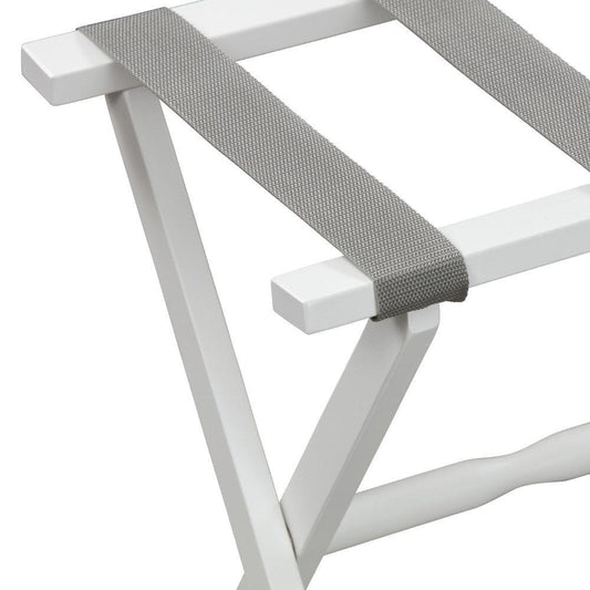 Hotel White Finish Wood Folding Luggage Rack with Gray Straps - AFS