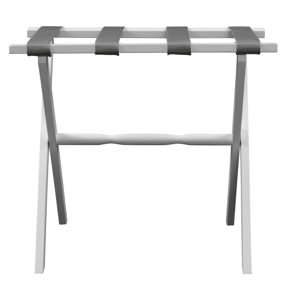 Hotel White Finish Wood Folding Luggage Rack with Gray Straps - AFS