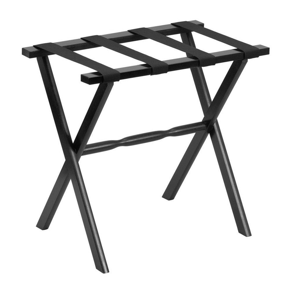 Hotel Black Finish Wood Folding Luggage Rack with Black Straps - AFS