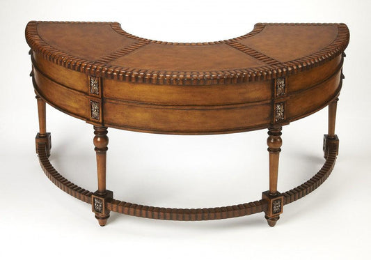 Hand Carved Leather Top Crescent Shape Desk - AFS