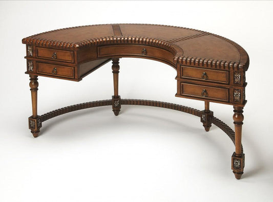 Hand Carved Leather Top Crescent Shape Desk - AFS