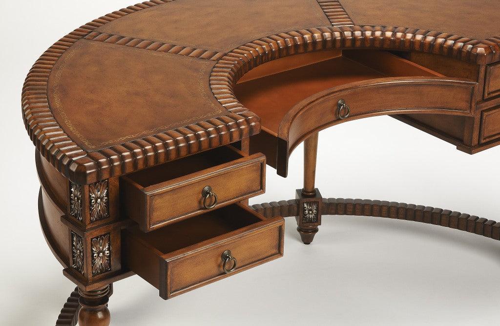 Hand Carved Leather Top Crescent Shape Desk - AFS