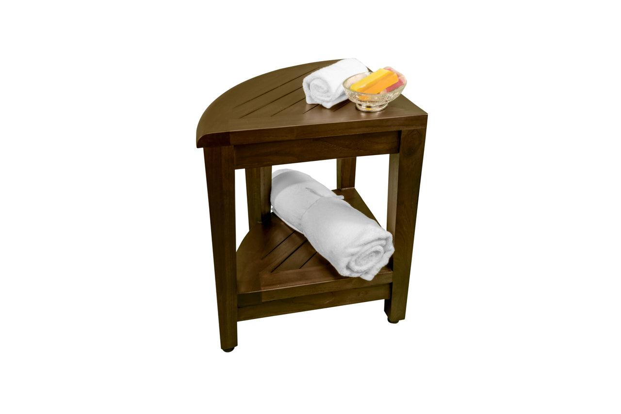 Curvilinear Dark Brown Teak 18" Corner Shower Bench with Shelf - AFS