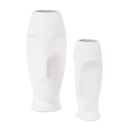 Matte White Ceramic Vase with Abstract Faces - AFS