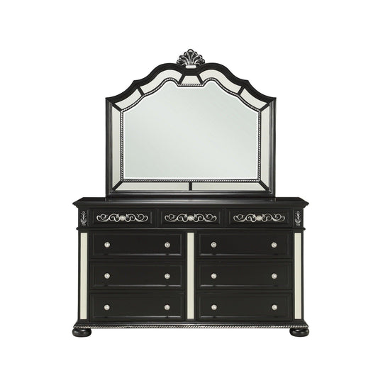 Black Jewel Heirloom Appearance Dresser with Intricate Carvings Mirrored Accents 9 Drawer - AFS