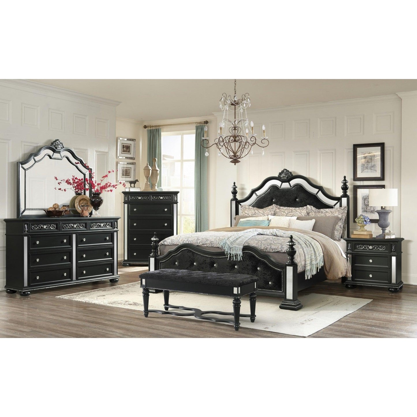 Black Jewel Heirloom Appearance Chest with Intricate Carvings Mirrored Accents 9 Drawer - AFS