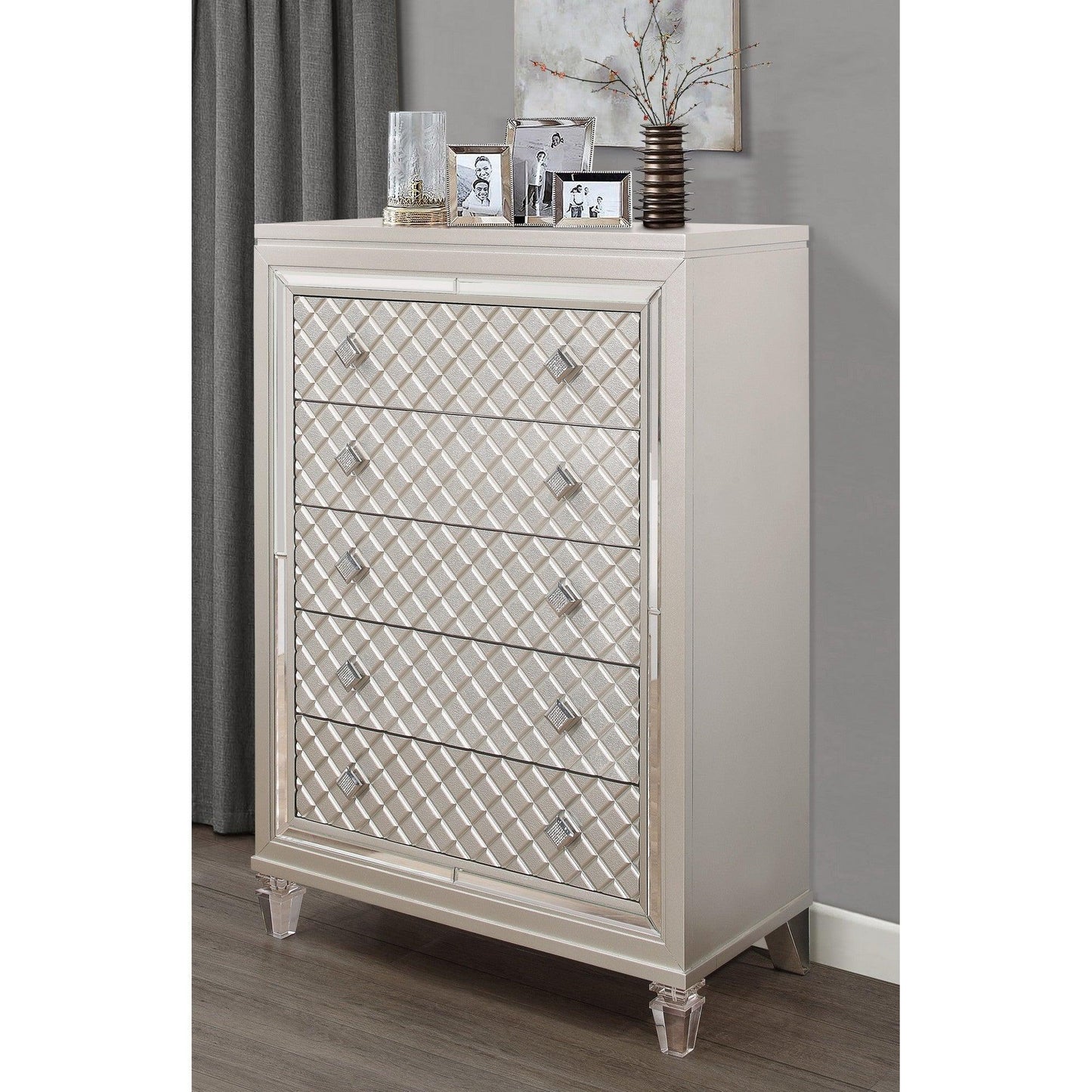 Champagne Toned Chest with Tapered Acrylic Legs and 5 Drawers - AFS