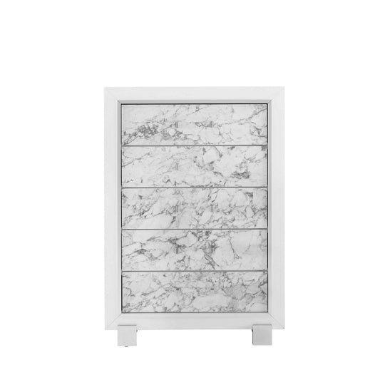 Modern White Chest with 5 Faux Marble Detailed Front Drawer. - AFS