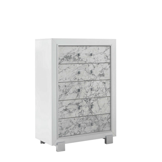 Modern White Chest with 5 Faux Marble Detailed Front Drawer. - AFS