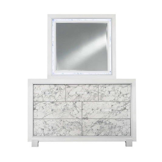 Modern White Dresser with 7 Faux Marble Detailed Front Drawer. - AFS