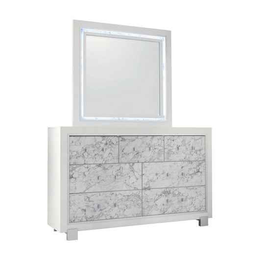 Modern White Dresser with 7 Faux Marble Detailed Front Drawer. - AFS