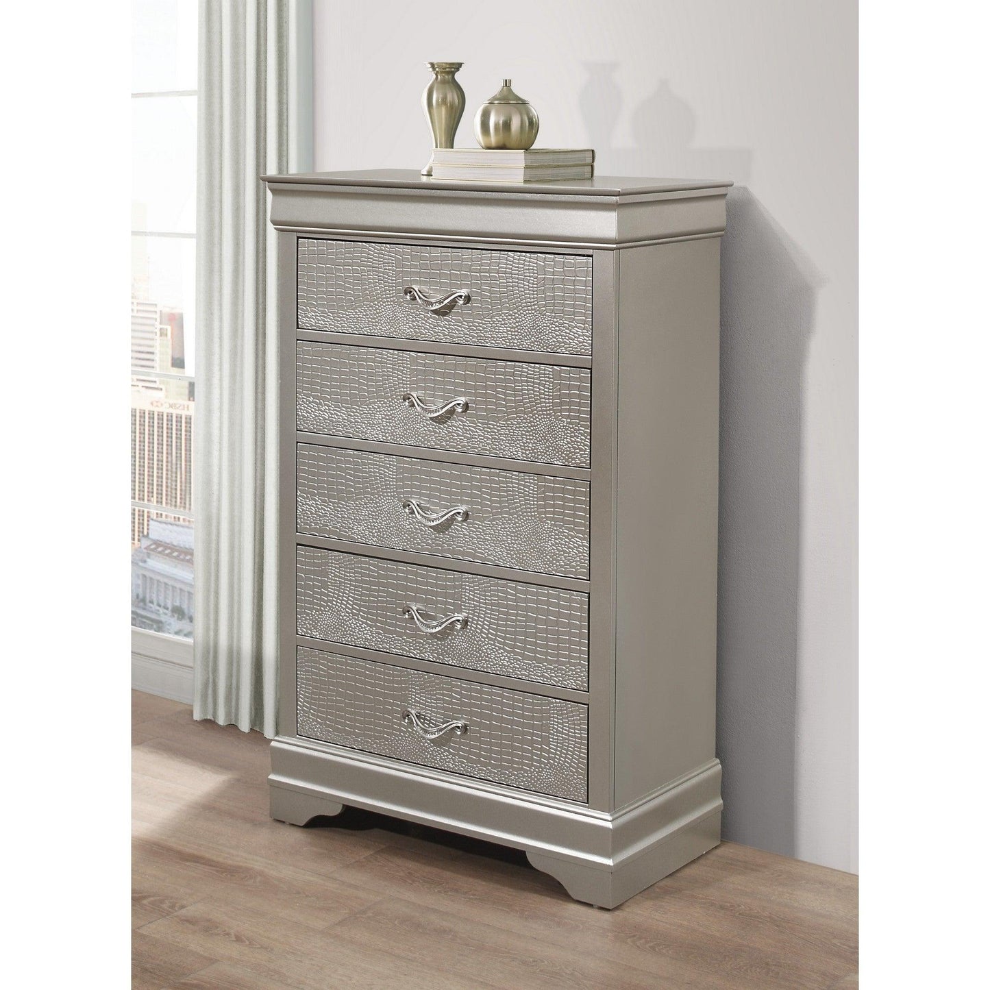 Silver Tone Chest with 5 Spacious Interior Drawers - AFS