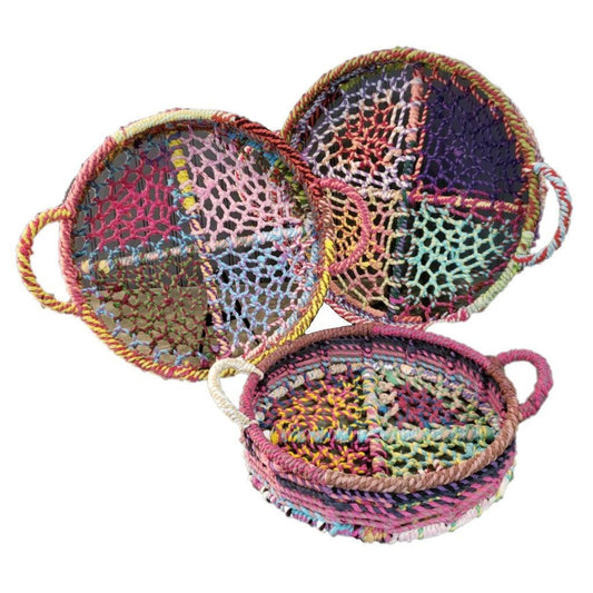 Handmade Set of 3 Rainbow Round Nesting Jute Trays - AFS