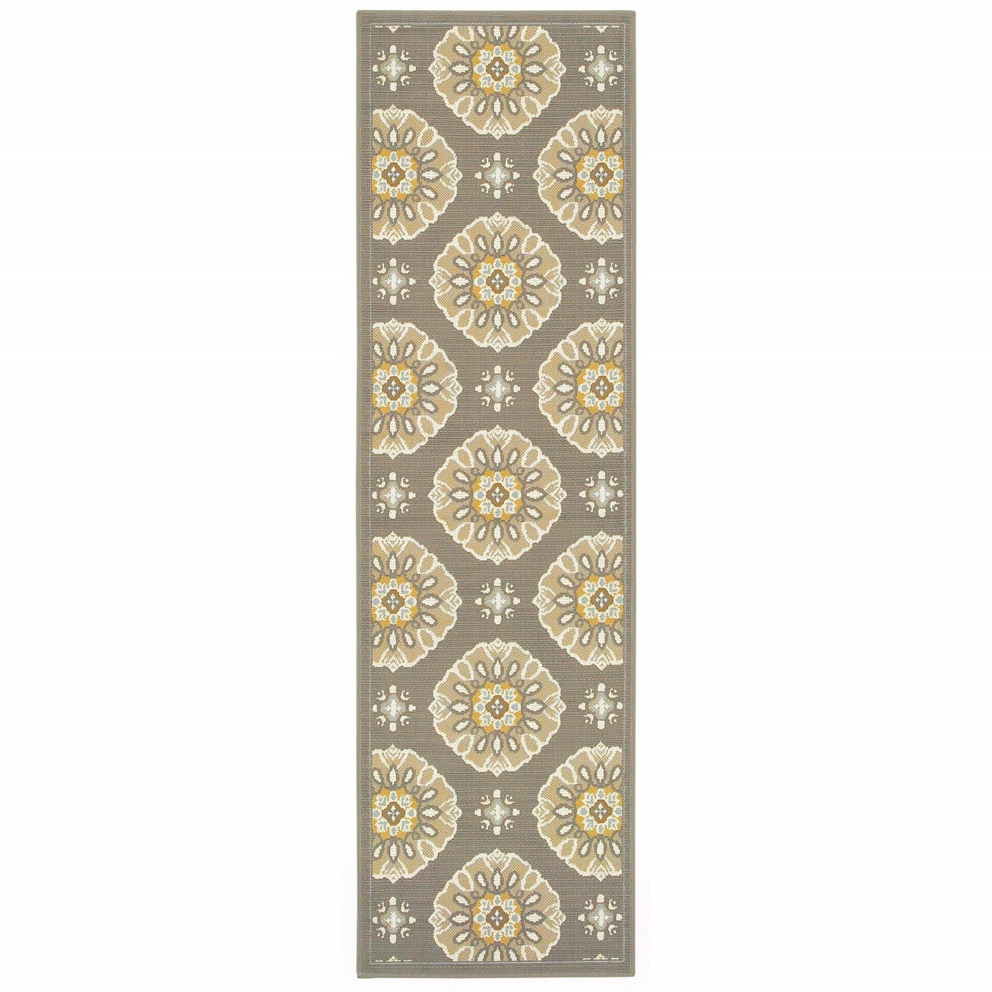 5' x 8' Grey Gold Floral Medallion Discs Indoor Outdoor Area Rug - AFS