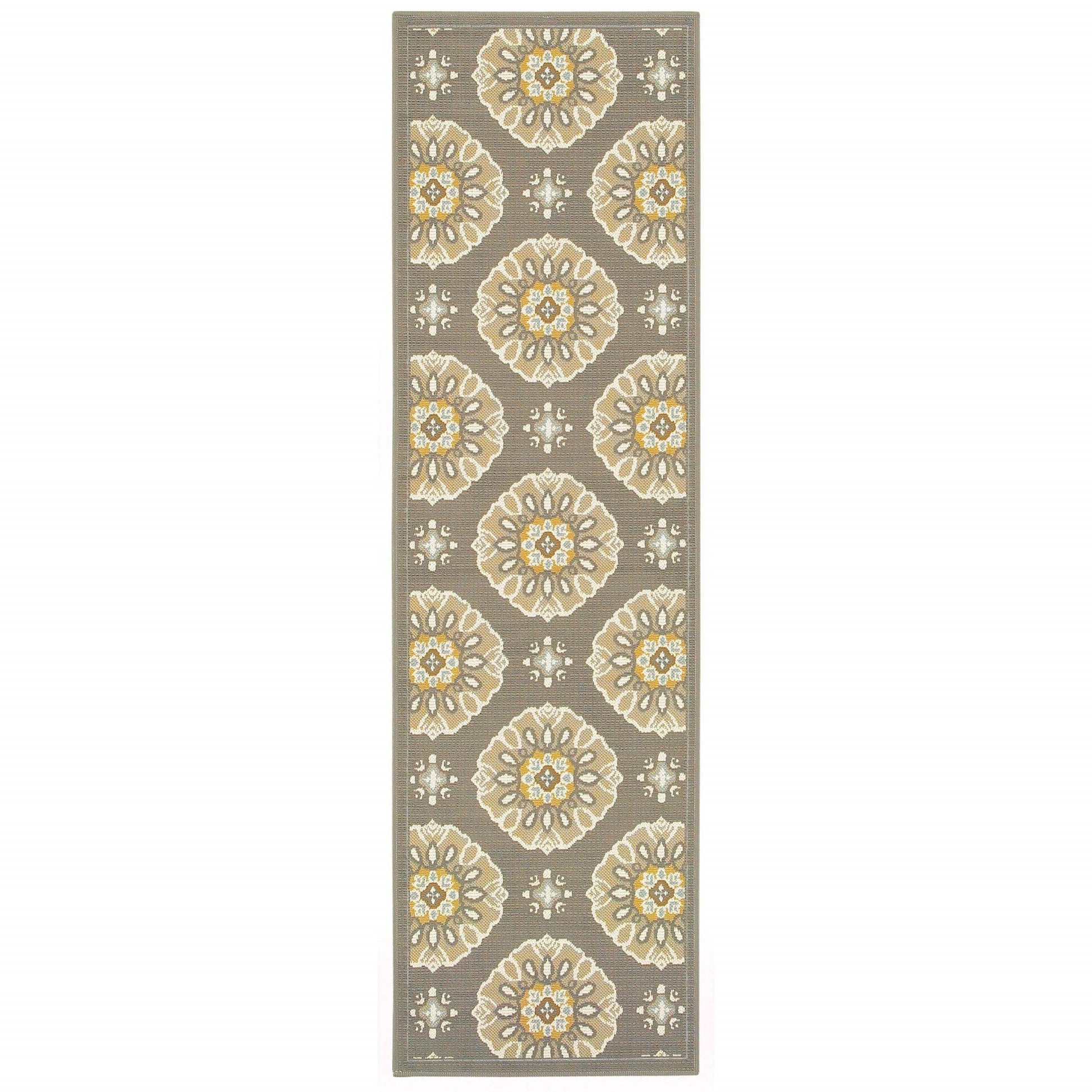 5' x 8' Grey Gold Floral Medallion Discs Indoor Outdoor Area Rug - AFS