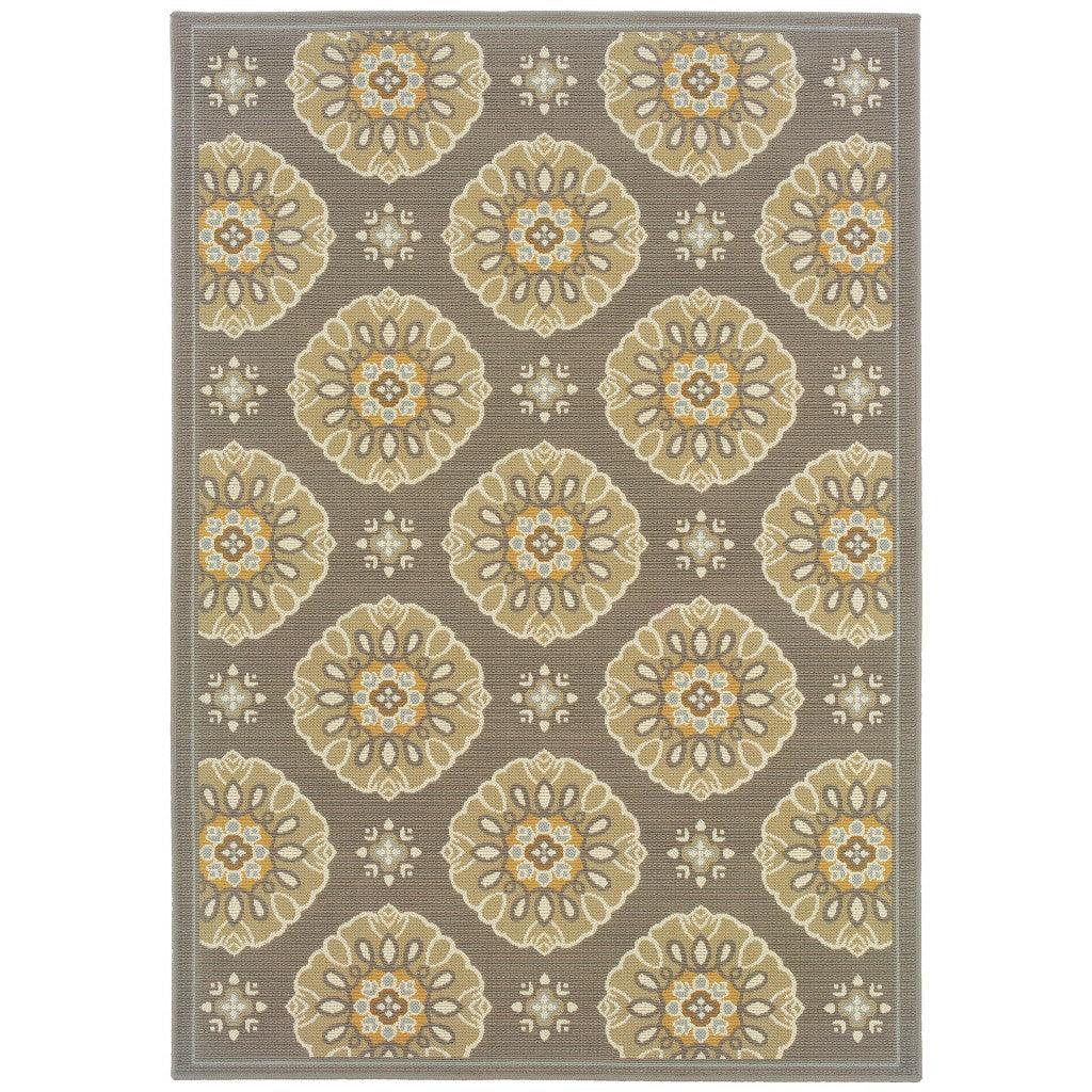 5' x 8' Grey Gold Floral Medallion Discs Indoor Outdoor Area Rug - AFS